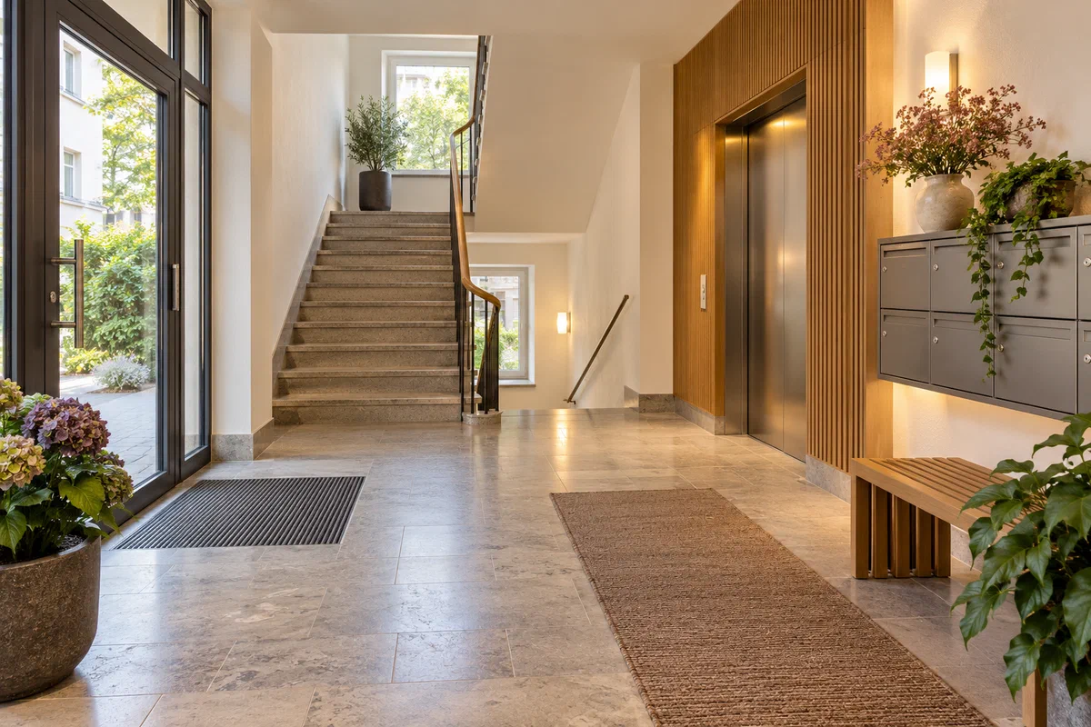 Gepflegter Eingangsbereich eines Wohngebäudes mit Treppenhaus und Lift
